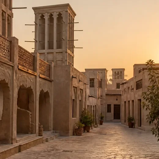 A coral-stone lane in Al Fahidi, with a wind tower (AI-generated image)