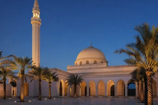 A modern Gulf mosque: dome, one minaret, an arched colonnade (AI-generated image)