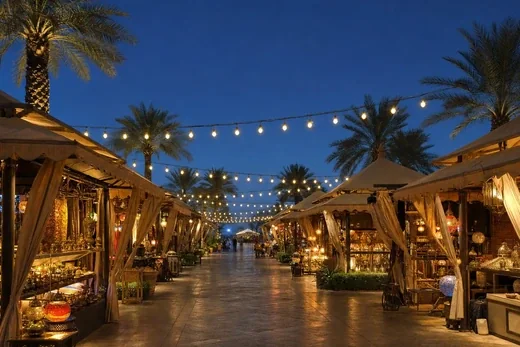 Lit market stalls under canopies, festoon lights above (AI-generated image)
