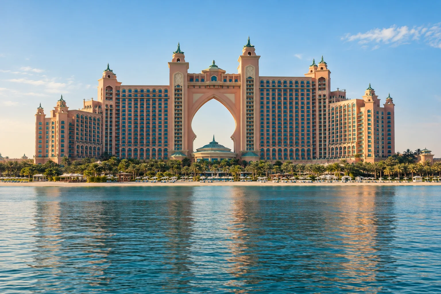 Atlantis The Palm and its central arch viewed across the water (AI-generated image)