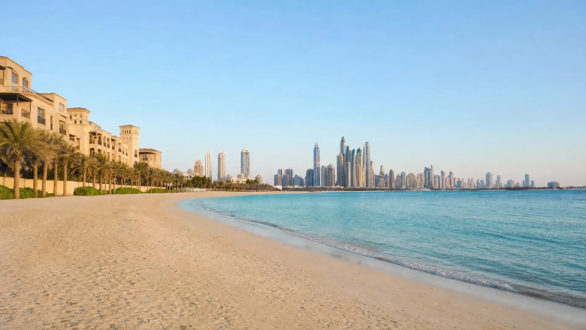Empty sand and turquoise water, the Dubai Marina towers far off (AI-generated image)