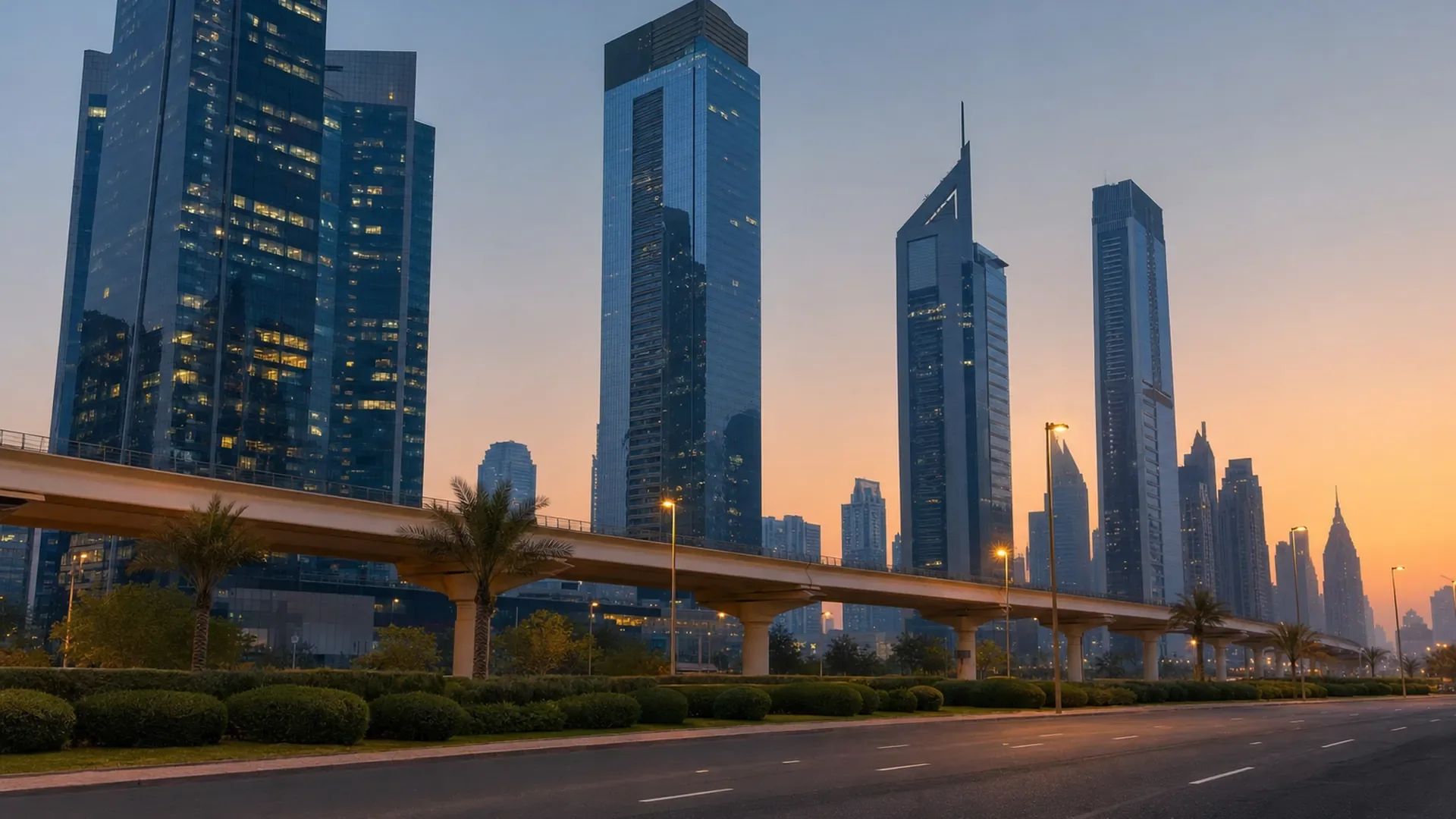 Glass towers on Sheikh Zayed Road, a metro viaduct crossing below (AI-generated image)