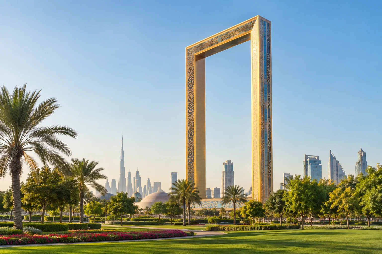 The gold Dubai Frame rising above the lawns of Zabeel Park (AI-generated image)