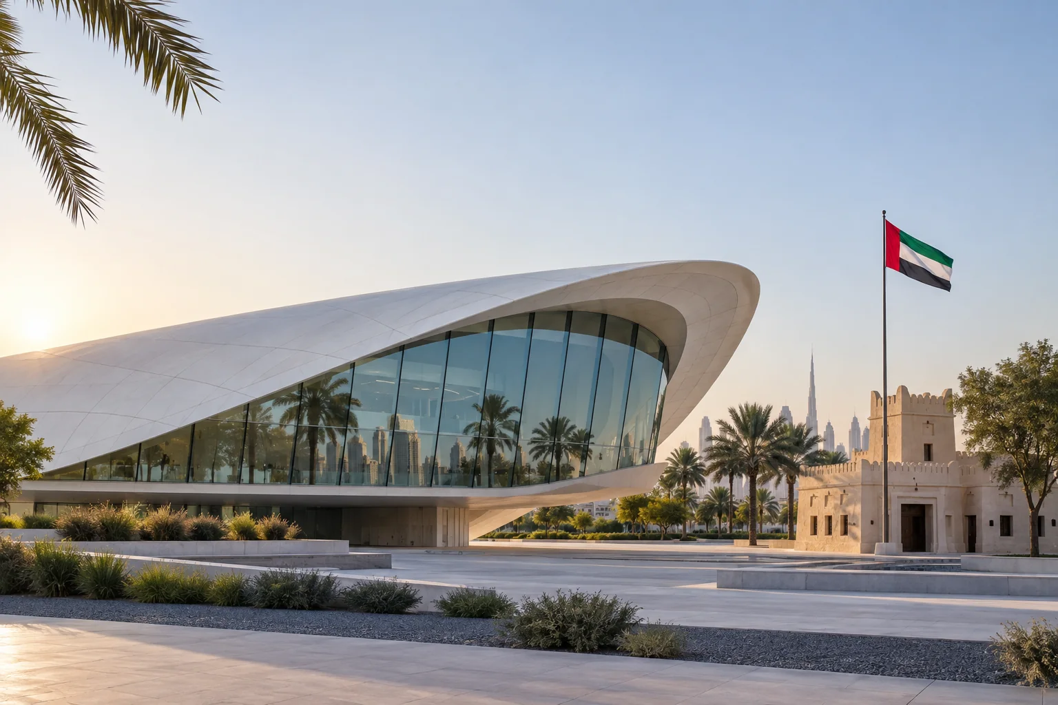 The white Etihad Museum pavilion beside Union House and the UAE flag (AI-generated image)