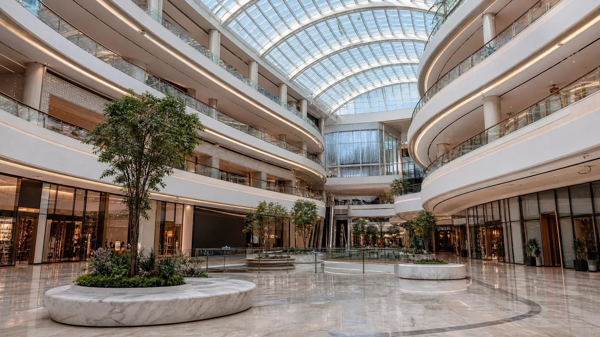 A Dubai mall atrium under a vaulted glass roof (AI-generated image)