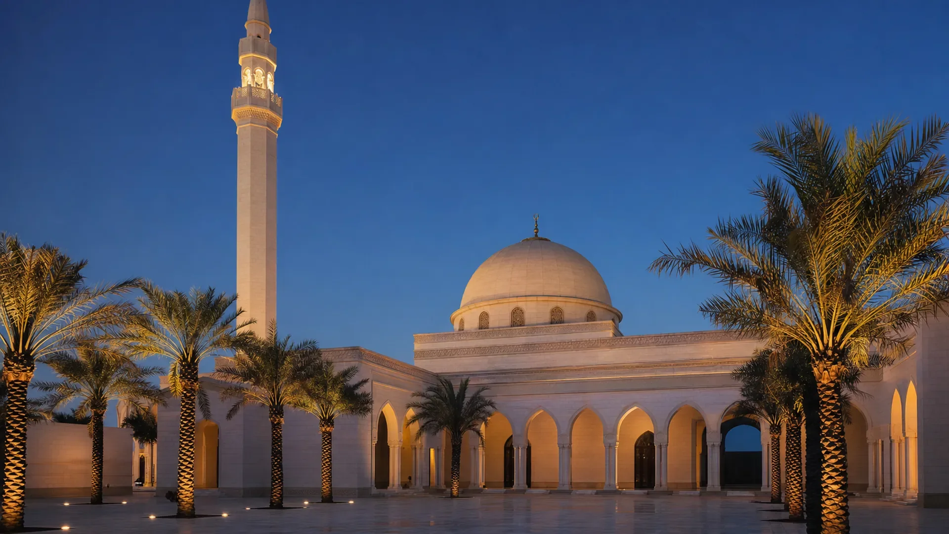 A modern Gulf mosque: dome, one minaret, an arched colonnade (AI-generated image)