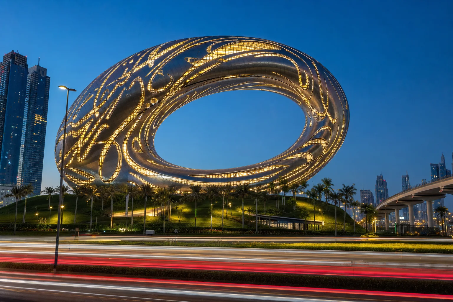 The Museum of the Future at blue hour, its steel ring lit through curved window openings (AI-generated image)