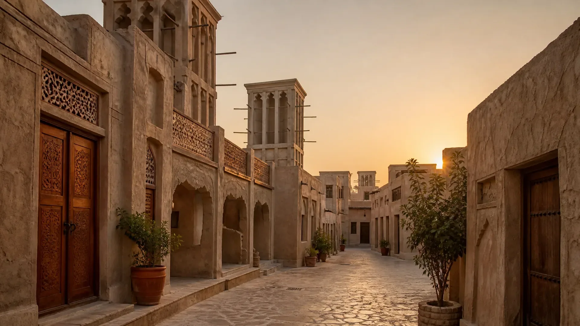 A lamp-lit lane of wind towers in the old quarter (AI-generated image)