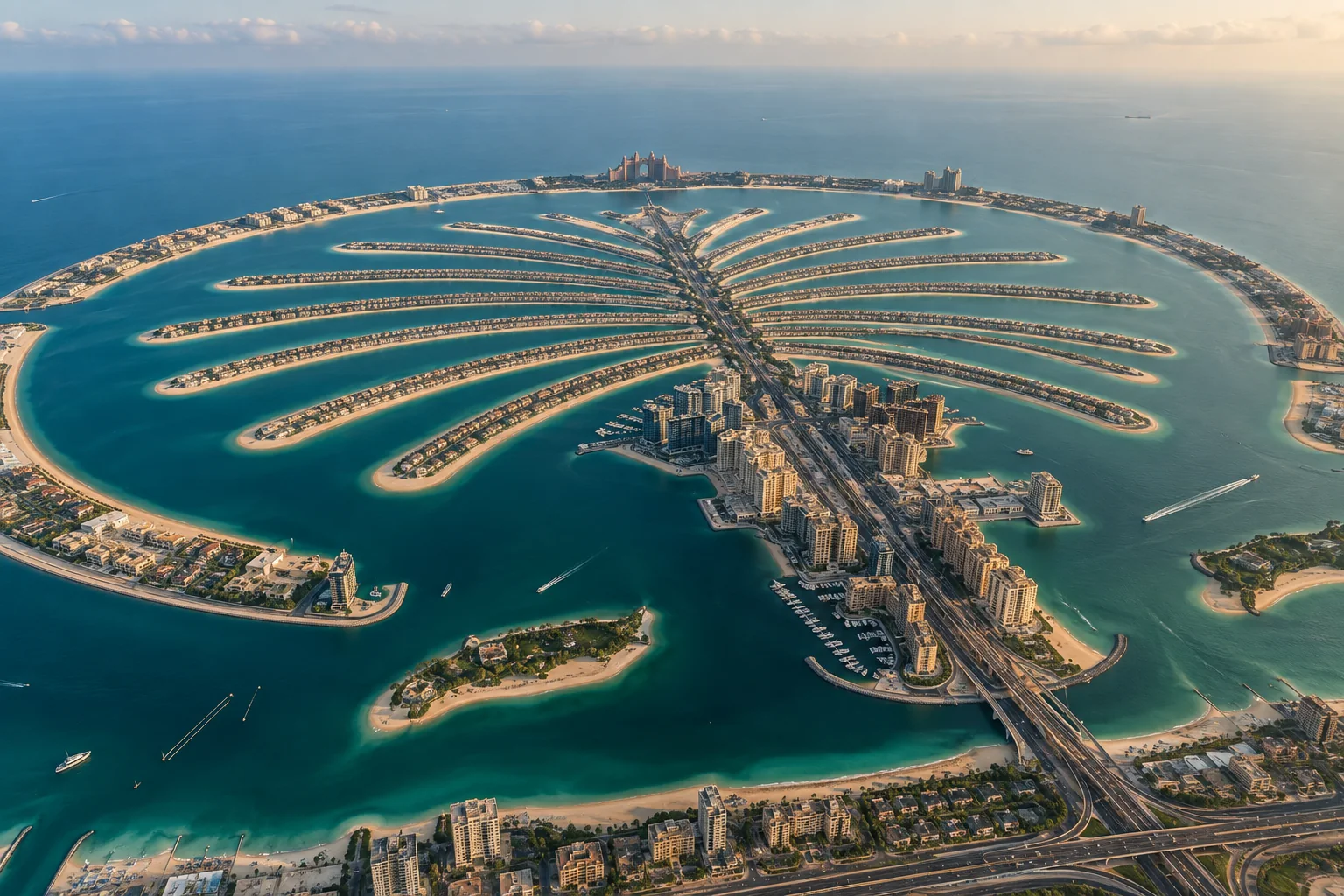 An elevated view of Palm Jumeirah showing the trunk, fronds and crescent (AI-generated image)