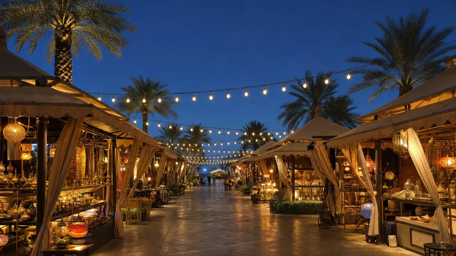 Lit market stalls under canopies, festoon lights above (AI-generated image)