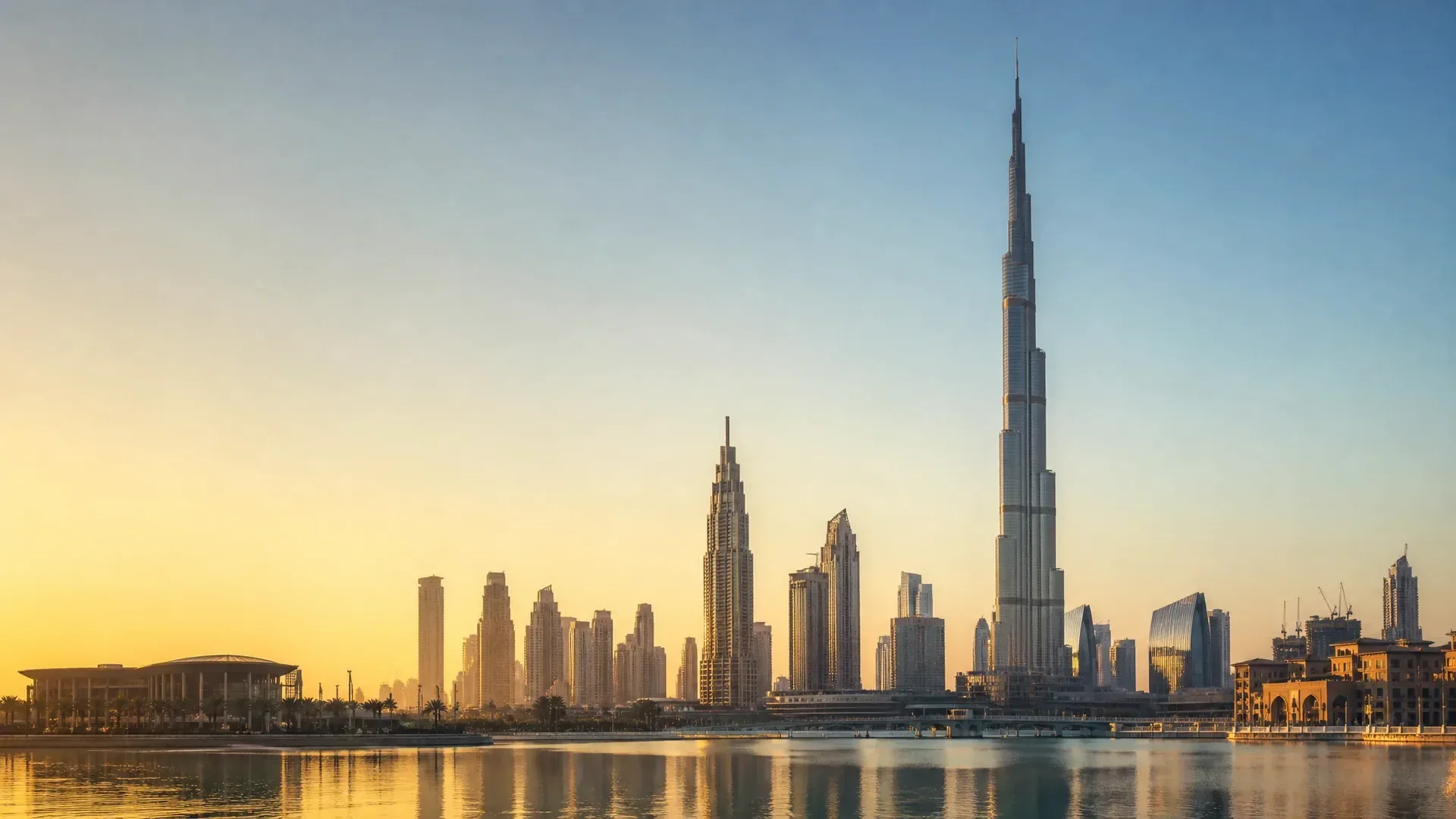 The Downtown Dubai skyline across water, the Burj Khalifa centre (AI-generated image)